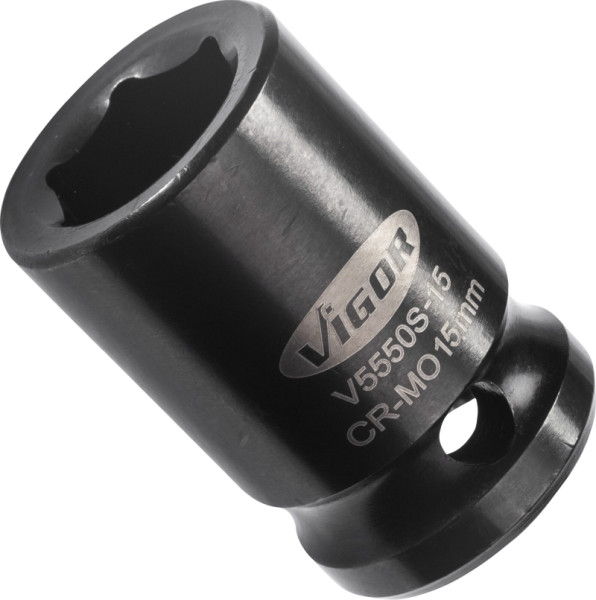 Douille pour clé à chocs VIGOR, courte, carrée creuse 12,5 mm (1/2 pouce), profil à six pans extérieurs, 15 mm, V5550S-15