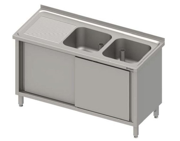 Meuble évier Stalgast à portes coulissantes 1100x700x850 mm, avec deux vasques à droite, avec dosseret, soudé, VSK11723RA
