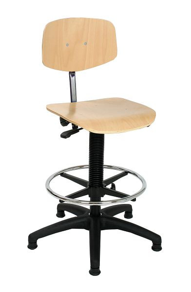 Chaise de travail Lotz, assise/dossier en hêtre naturel, laqué, piètement en plastique noir, patins, hauteur d'assise 540-800 mm, repose-pieds, 6175.02