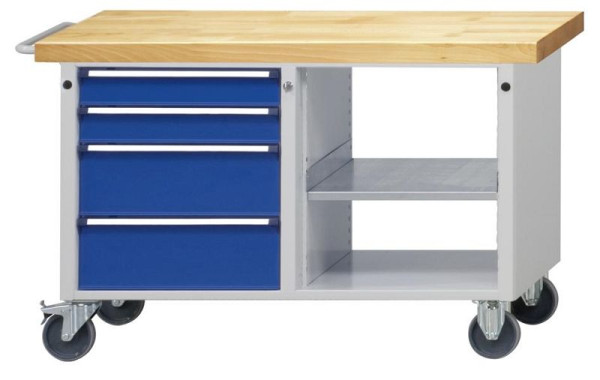 Chariot d'atelier ANKE; 1140x650x790mm; Table en hêtre massif 40 mm; Boîtier en 2 parties avec paroi médiane; A gauche 4 tiroirs 90, 90, 180, 180 mm; Ouvert à droite