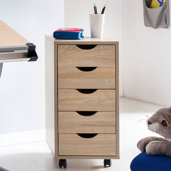 Wohnling conteneur mobile MINA 33 x 64 x 38 cm bois MDF 5 tiroirs sonoma, avec roulettes, WL5.174