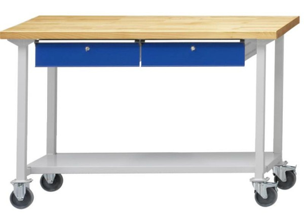 Table de travail ANKE; mobile; 1500x800 mm; RAL 7035/5010; 2xHängeschublade; 1x étagère de rangement en tôle d'acier de 600 mm de profondeur