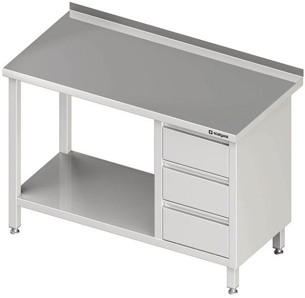Table de travail Stalgast avec base, 1100x700x850 mm, avec bloc 3 tiroirs à droite, avec dosseret, soudé, VAT11709RA