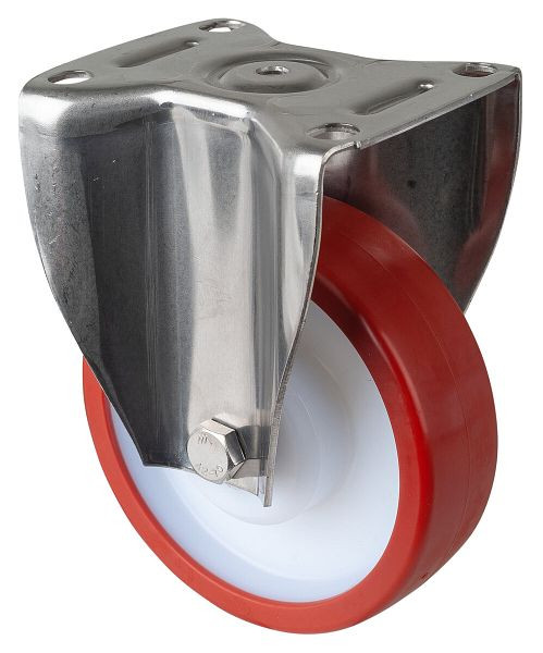 BS Rolls Roulette robuste en inox, roulette fixe, largeur 45 mm, Ø150 mm, jusqu'à 450 kg, polyuréthane rouge, corps en plastique, roulement à rouleaux en inox, HS110.B28.151