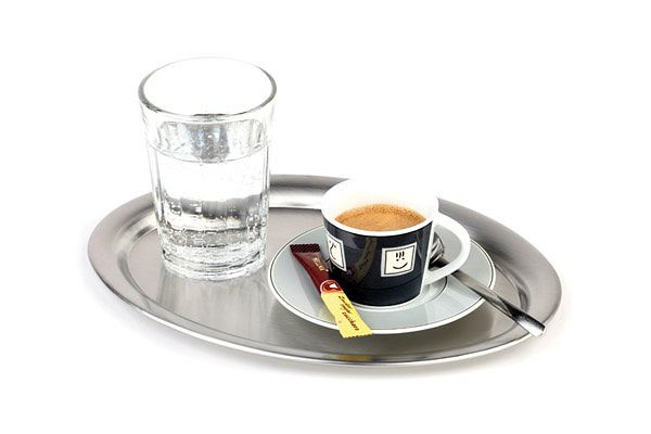 Plateau de service APS -KAFFEEHAUS-, 19 x 15 cm, hauteur : 1 cm, ovale, acier inoxydable, mat, pour sucre et crème, 30111