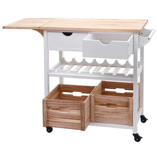 Mendler HWC-G35 chariot de service, chariot de cuisine, chariot, aide de cuisine, chariot latéral, chariot à thé, bois de pin 89x119x41cm, blanc naturel, 71367