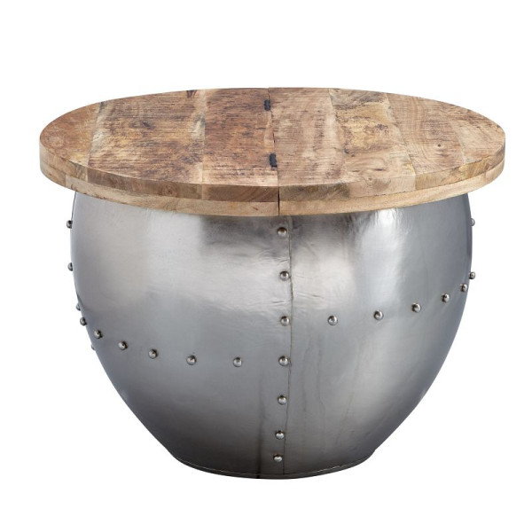 Wohnling Table basse ronde en manguier massif/métal 60 x 43 x 60 cm style industriel avec espace de rangement, WL6.310