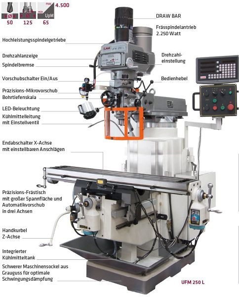 Fraiseuse universelle ELMAG, UFM 250 L, avec affichage de position à 3 axes 'SINO', 82161