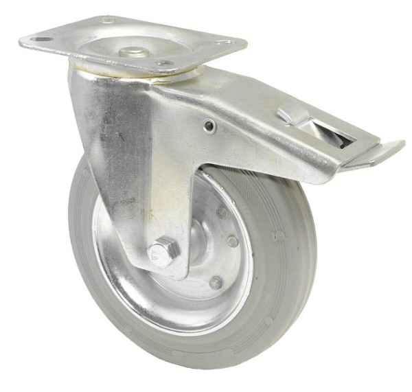 Rouleau de transport BS rollers avec frein, largeur 50 mm, Ø200 mm, jusqu'à 205 kg, bande de roulement en caoutchouc gris, corps de roue jante en acier, roulement à rouleaux, platine, L420.B56.200