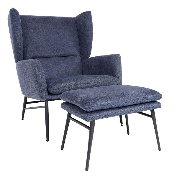 Chaise longue Mendler avec pouf HWC-L62, fauteuil, fauteuil rembourré, fauteuil cocktail, tabouret, tissu/textile, bleu, 117257+117260