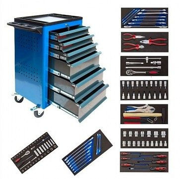 Chariot d'atelier ADB BASIC avec outils, 115 pièces, dimensions : HxLxP : 960mm x 610mm x 450mm, couleur du corps : bleu, RAL 5010, couleur façade : gris, RAL 7016, 21006