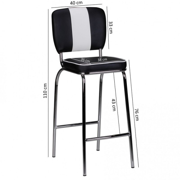 Chaise de bar Wohnling American Diner années 50 rétro noir et blanc, WL1.719