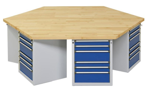 Établi de groupe hexagonal ANKE; 6 lieux de travail; 2340x2700 mm; RAL 7035/5010; Plateau en hêtre massif 50 mm; Longueur de bord 1350 mm, modèle 606 VG