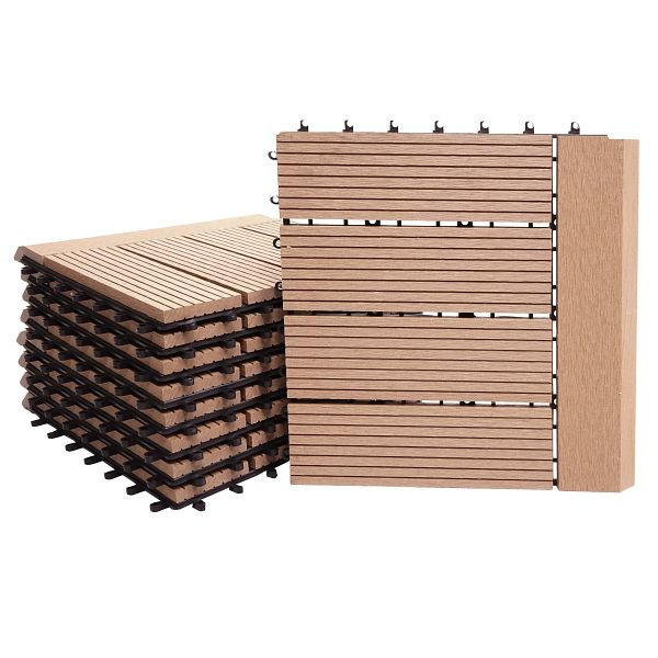 Carrelage de sol Mendler WPC Rhône + finition, aspect bois balcon/terrasse, 11x chaque 30x30cm = 1m² Premium, teck linéaire horizontal, 77623