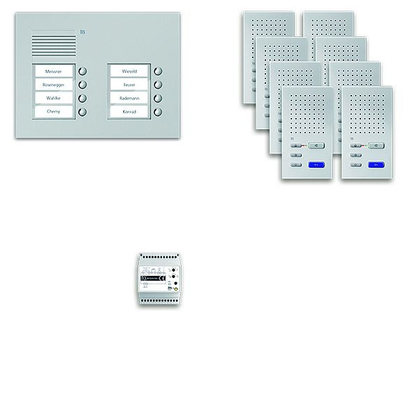 Système de commande de porte audio TCS : pack UP pour 8 unités d'habitation, avec poste extérieur PUK 8 boutons de sonnerie 2 colonnes, 8x haut-parleur mains libres ISW3030, commande, PPUF08 / 2-EN / 02