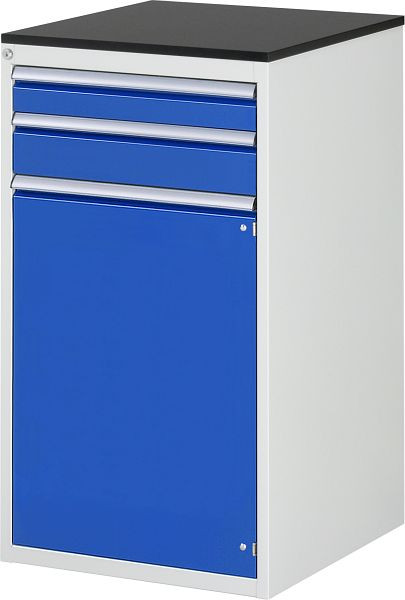 Armoire à tiroirs RAU série 7000, L580xP650xH1030mm, tiroirs : 1xH90, 1xH120mm, porte battante H720mm, plan de travail mélaminé résineux, 03-L7.12AR-M.11