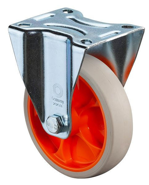 Rouleau de transport BS rollers rouleau fixe, roue en caoutchouc thermoplastique, jante orange, pneu gris clair, diamètre : 125 mm, pack : 2 pièces, L410.B44.126.02