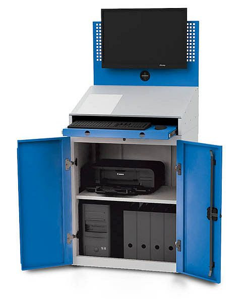 Armoire informatique fixe Bedrunka+Hirth, 1 x paroi perforée avec support écran plat, 2 x portes battantes, 1 x fixation de bureau, 680 x 500 x 1460 mm, 04.680.C125oRA