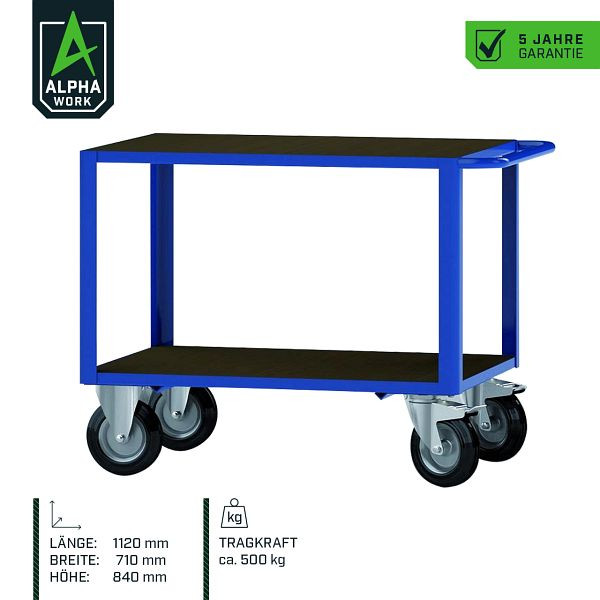 Chariot de table Alpha Work Basic, 1120 x 710 x 840 mm, bleu gentiane, capacité de charge 500 kg, 07277