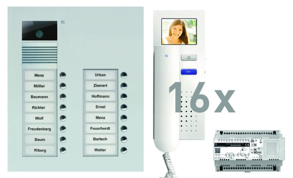 Vidéo du système de contrôle de porte TCS : pack UP pour 16 unités d'habitation, avec platine de rue AVU 16 boutons de sonnerie, 16x visiophone IVH3222, commande, PVU16160-0010