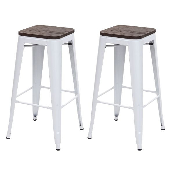 Ensemble de 2 tabourets de bar Mendler HWC-A73 avec siège en bois, tabouret de bar, design industriel en métal, empilable, blanc, 70393