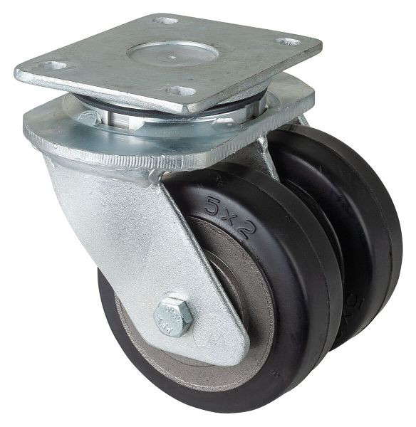 Roulettes BS Roulettes doubles robustes, largeur de roue 2x50 mm, Ø roue 125 mm, capacité de charge 550 kg, bandages élastiques noirs, corps de roue coulé, roulements à billes, S100.B81.125