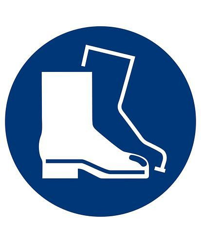 Panneau obligatoire DENIOS "Utiliser une protection des pieds", ISO 7010, aluminium, 200 mm, paquet de 10, 285085