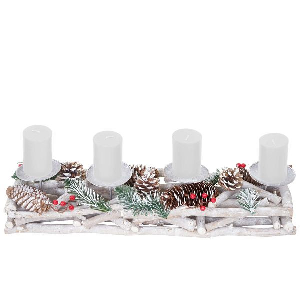 Couronne de l'Avent Mendler allongée, décoration de Noël Arrangement de l'Avent, bois 11x15x50cm blanc-gris, avec bougies, blanc, 56663