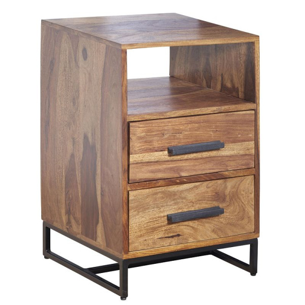 Wohnling table de chevet Sheesham bois massif / métal 40x35x66 cm table de chevet lit à sommier tapissier, console de nuit design avec 2 tiroirs, WL6.717