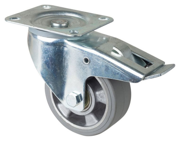 Rouleau de transport BS rollers avec frein, largeur 50 mm, Ø125 mm, jusqu'à 220 kg, pneus élastiques gris, corps de roue en aluminium, roulements à billes, LSS420.B83.125