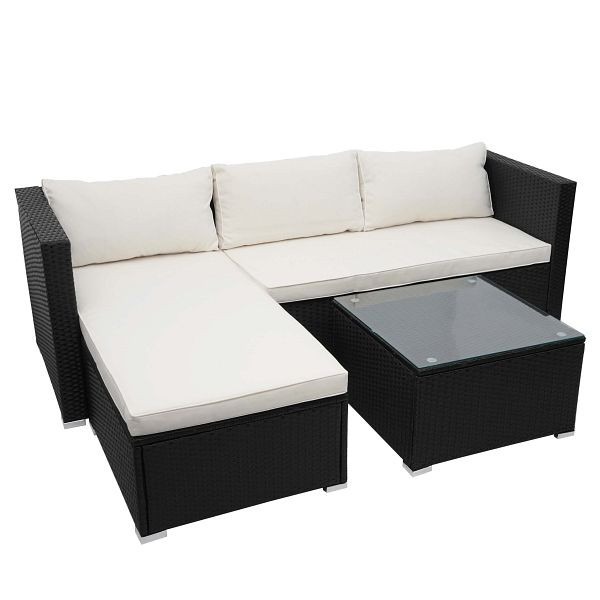 Ensemble en rotin synthétique Mendler HWC-F57, ensemble de canapés pour balcon/jardin/salon, noir, coussins crème sans coussins décoratifs, 69832+69833