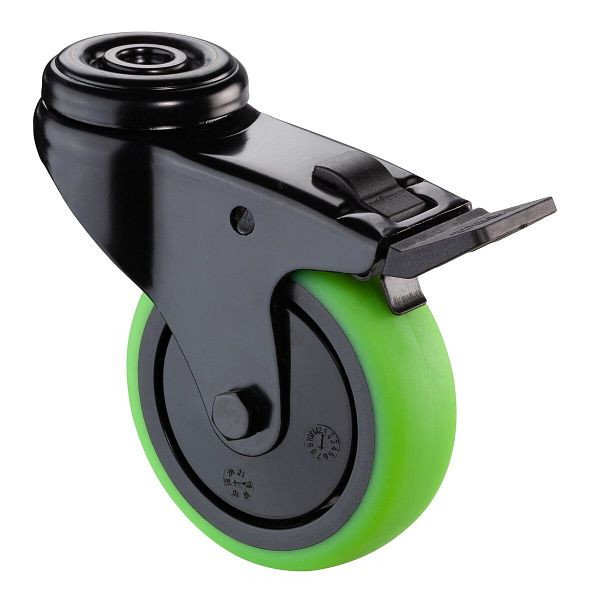 BS Castors Roulette pivotante avec frein noir, roue en caoutchouc thermoplastique vert, roulement à billes, trou arrière, diamètre : 75 mm, lot de 4, A821.A85.075.04