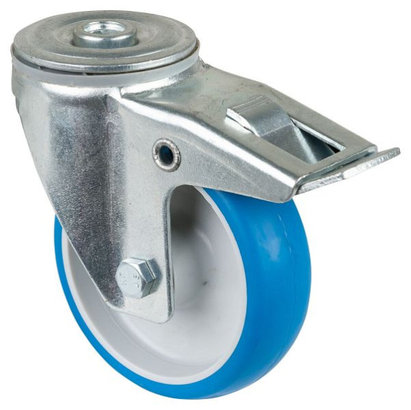 Rouleau de transport BS rollers avec frein, largeur 30 mm, Ø100 mm, jusqu'à 125 kg, bande de roulement polyuréthane bleu, roulement à rouleaux, lot de 2, L121.B36.100
