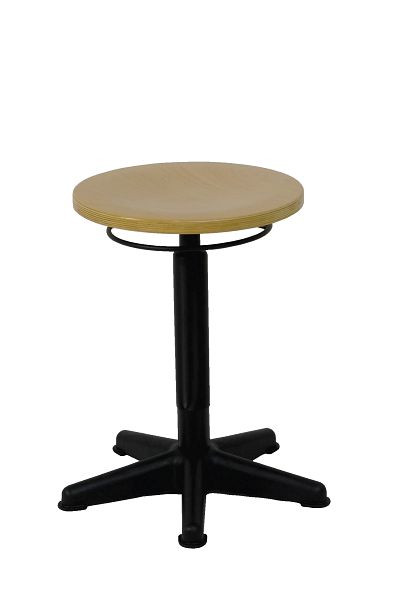 Tabouret de travail Lotz, assise en hêtre naturel, laqué, piètement en plastique noir, Ø 440 mm, déverrouillage par anneau, hauteur d'assise 450-640 mm, 3510.02
