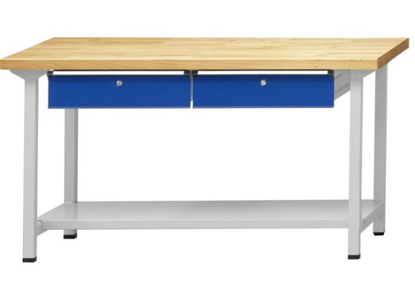 Table de travail ANKE; 1500x700 mm; RAL 7035/5010; 2xHängeschublade; 1x étagère de rangement en tôle d'acier de 500 mm de profondeur