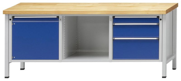 Établi d'armoire ANKE; 2000x700 mm; RAL 7035/5010; Gauche 1 porte; Compartiment central ouvert; A droite 3 tiroirs 90, 180, 270 mm