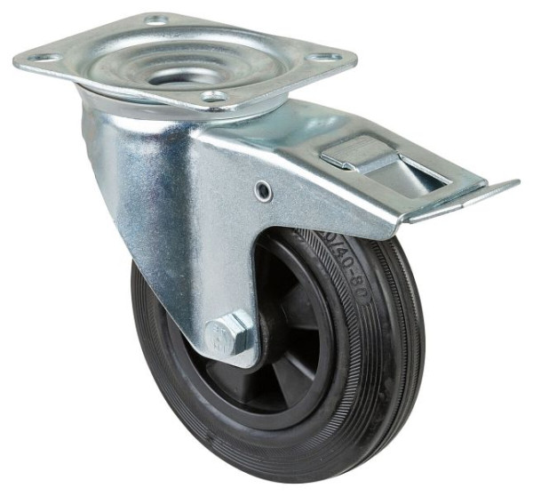 Rouleau de transport BS rollers avec frein, largeur 40 mm, Ø160 mm, jusqu'à 135 kg, caoutchouc noir, roulement à rouleaux, plateau, lot de 2, L420.B45.160