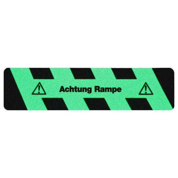 m2 revêtement antidérapant noir/vert luminescent avec bandes texte "Attention rampe" 150x610mm, M1X41500610