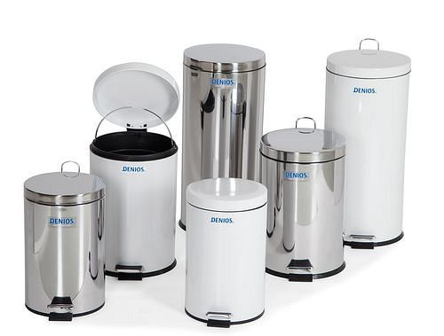 Poubelle à pédale DENIOS en acier inoxydable, ronde, avec pédale, volume de 20 litres, 157-009