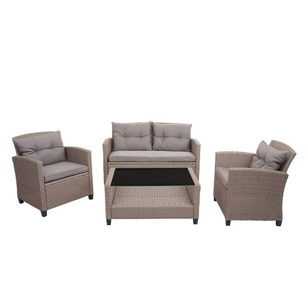 Ensemble de rotin synthétique Mendler XXL HWC-F10, ensemble de balcon/jardin/salon, fauteuil canapé avec coussins Spun Poly, gris-brun, 73484+73485