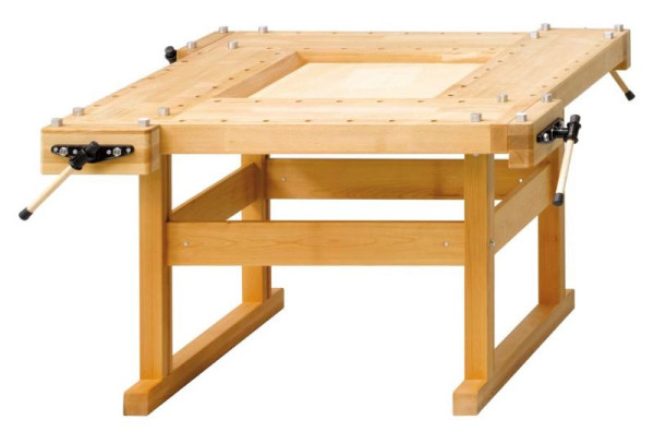 Banc de rabotage ANKE; 4 lieux de travail; 1620 x 1620 x 880 mm; Portée de toutes les pinces 105 mm; pour la formation; avec 8 paires de crochets de banc rectangulaires, 800.032