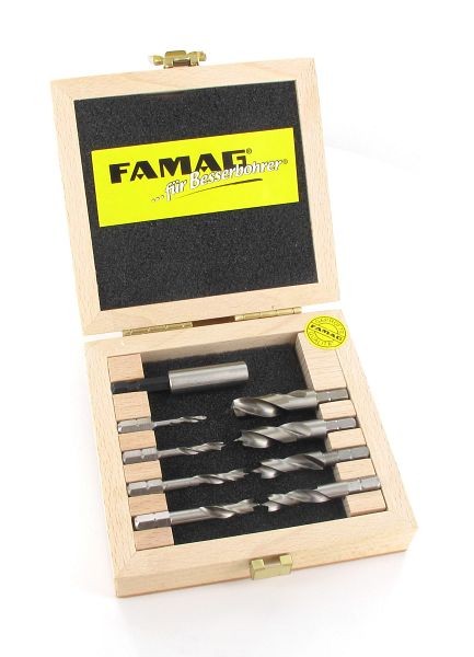 Foret à bois Famag HSS-G mèches courtes, 9 pièces dans une boîte en bois. Ø 3, 4, 5, 6, 7, 8, 9, 10 mm avec porte-embout, 1596.508.00