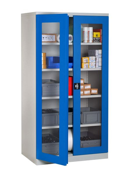 Armoires en acier SOFAME avec portes vitrées L 1000 x P 500 x H 1950, avec 4 étagères, gris clair RAL 7035/bleu ciel RAL 5015, W030050001GCBI