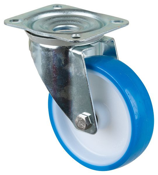 Rouleau de transport BS rollers, largeur 35 mm, Ø150 mm, jusqu'à 200 kg, bande de roulement polyuréthane bleu, corps de roue plastique, roulement à rouleaux, platine, L400.B36.150