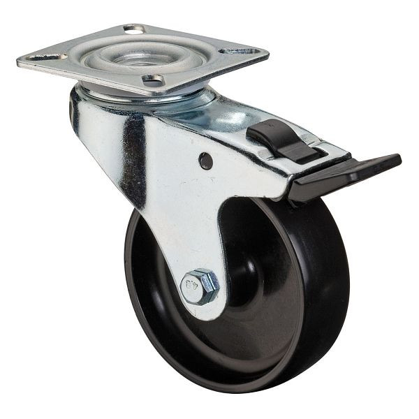 Rouleau d'appareil BS rollers, plateau, frein, largeur 23 mm, Ø75 mm, jusqu'à 50 kg, bande de roulement en plastique noir, roulement lisse, lot de 8, A320.A90.075