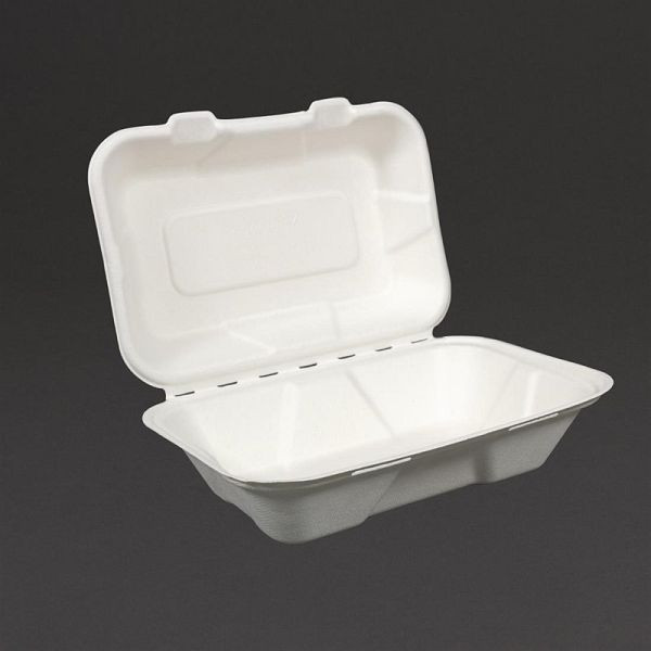 Boites à légumes compostables avec couvercle rabattable de Bargasse 22,8cm, UE : 200 pièces, GH026