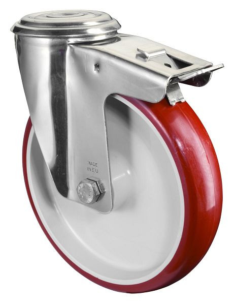 Rouleau de transport en acier inoxydable avec frein BS rollers, L45 mm, Ø200 mm, jusqu'à 200 kg, surface polyuréthane rouge, corps en plastique, palier lisse, H121.B26.200