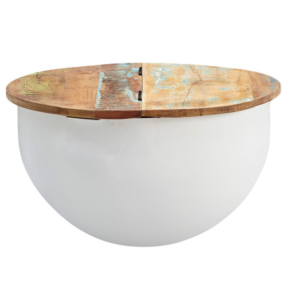 Wohnling Table Basse Mango 60x34x60 cm Bois Massif Métal Blanc Industriel Rond, WL6.334