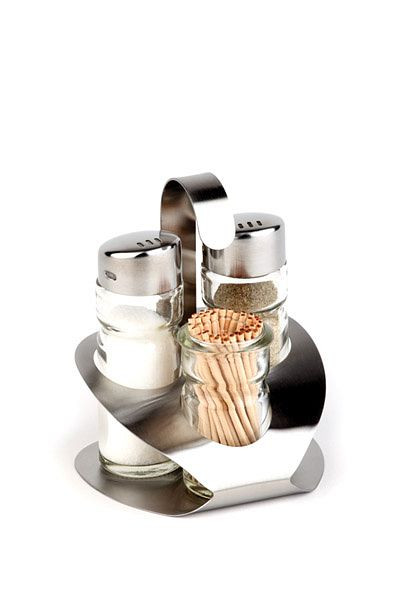 APS Huilier 3 pièces -Pro-, 9,2 x 8,5 cm, hauteur : 11,5 cm, acier inoxydable mat/verre, poivre - sel - cure-dent, poivrière/salière en verre, 40472
