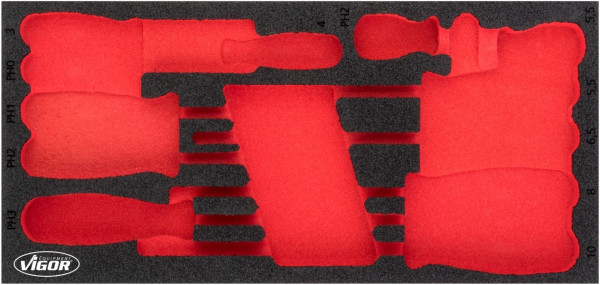 Inserts en mousse souple bi-composant VIGOR, dimensions insert / taille tiroir : S (188 x 393 x 35 mm), utilisation : V4989, V4989-L